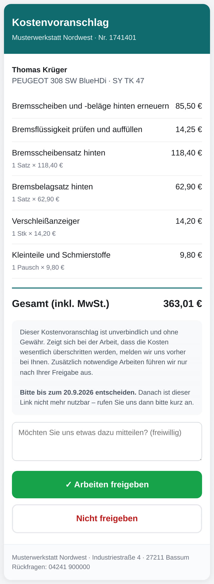 Freigabeseite auf dem Handy des Kunden mit Positionen, Gesamtsumme und den Schaltflächen Freigeben und Ablehnen