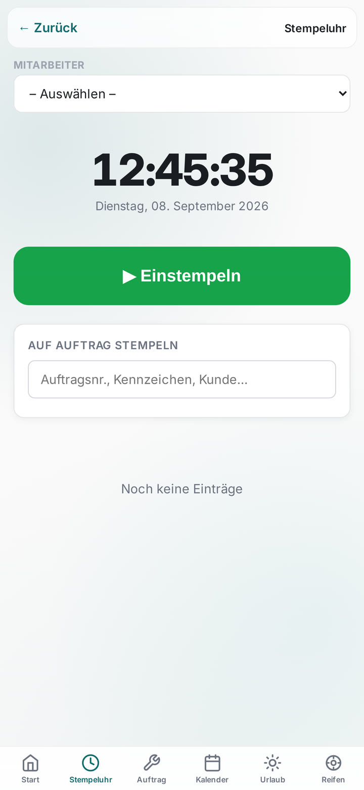Stempeluhr in der Werkstatt-App auf dem Smartphone